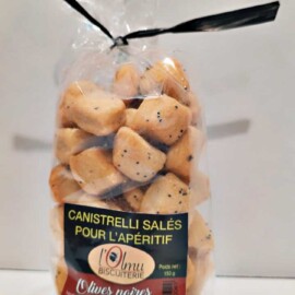 CANISTRELLI SALES POUR L'APERITIF OLIVES NOIRES 150 GR